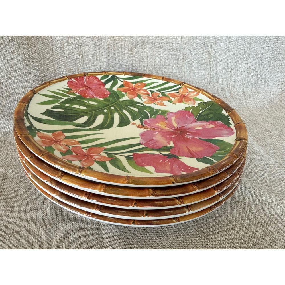 Outdoor Collection Melamine Plates 11 Inch Tropical Floral Bamboo Rim Excellent